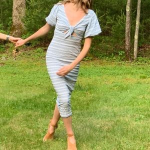 Puff Sleeve Blue + White Midi Dress